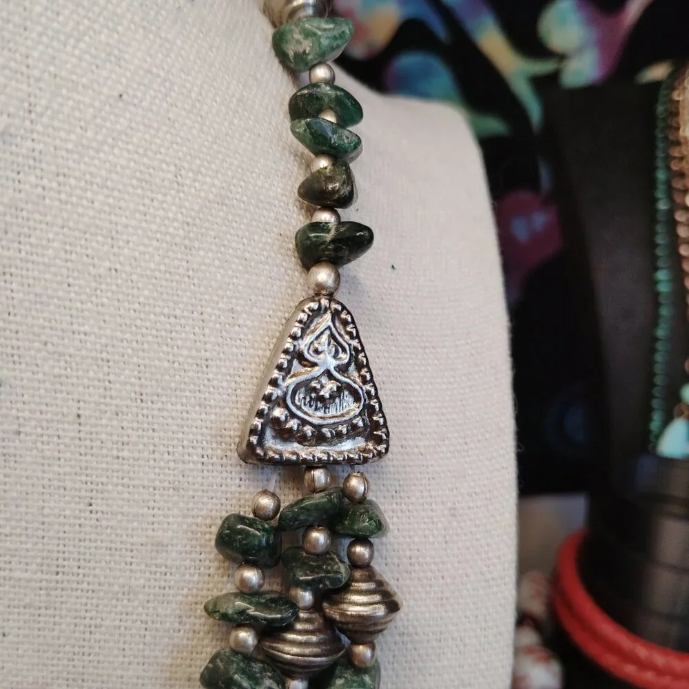 Layered Green Jadeite Chip Necklace with Silver Tone Beads, 18–20